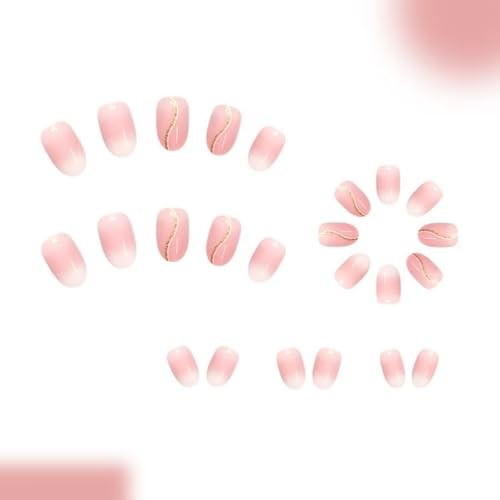 Ombre Pink Press on Nails with Gold Glitter Line Fake Nails Shimmery color31