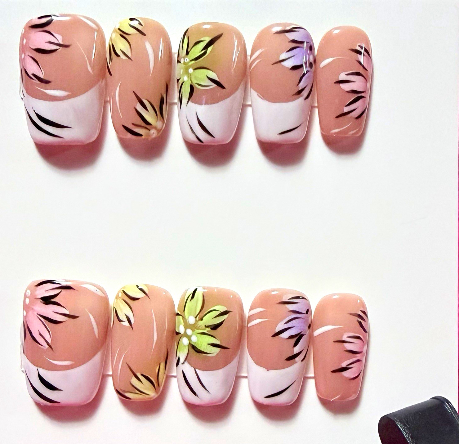 Floral French Tip Press-On Nails Set, Short Square Full Cover Pre-Designed