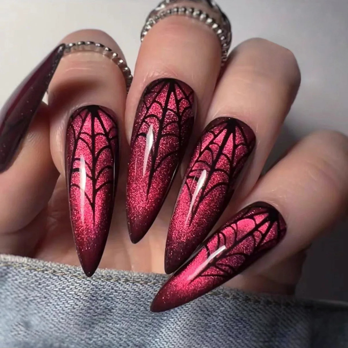 24pcs Halloween Spider Fake Nails French Coffin Full Cover Artificial Nail Tips