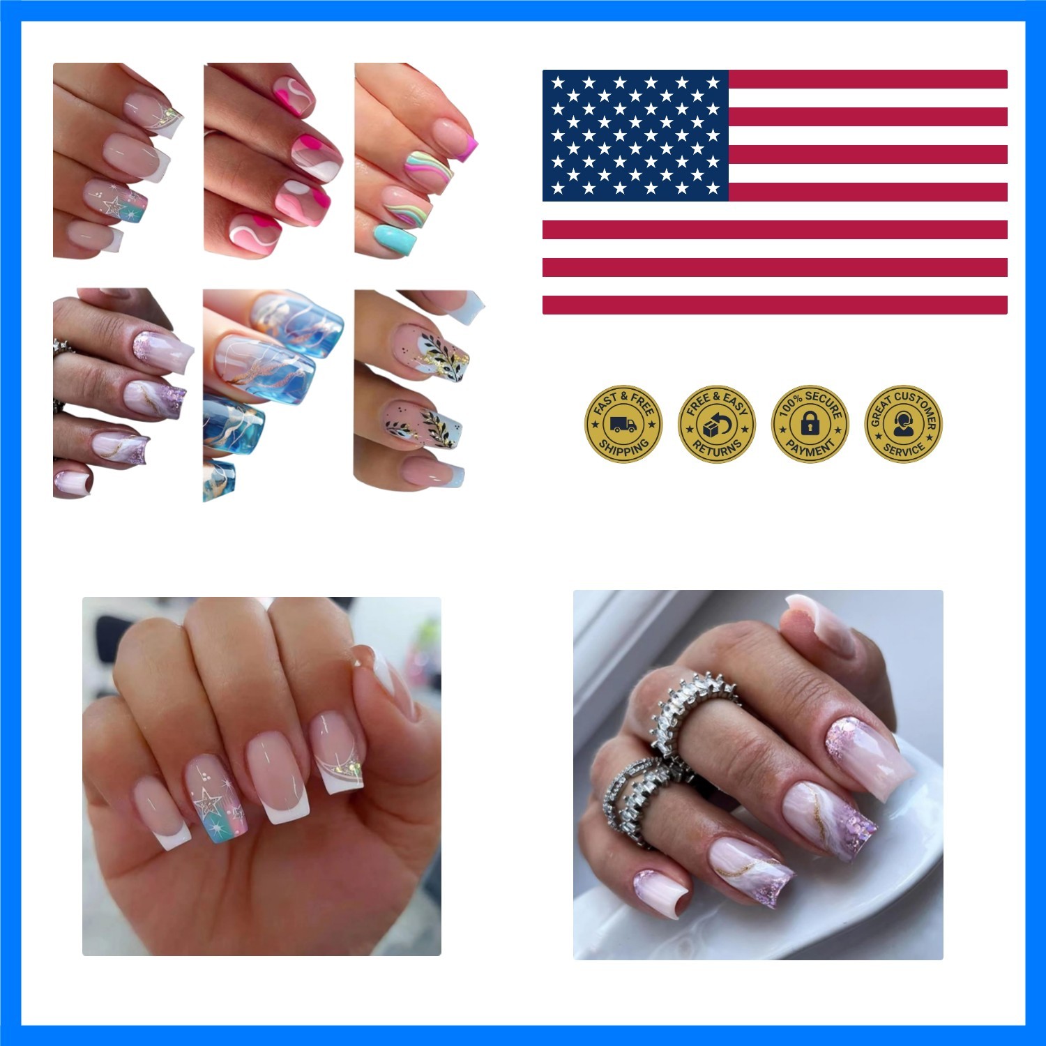 6 Packs 144 Pcs Press on Nails Medium Square Fake Nails Acrylic Shiny Glitter…