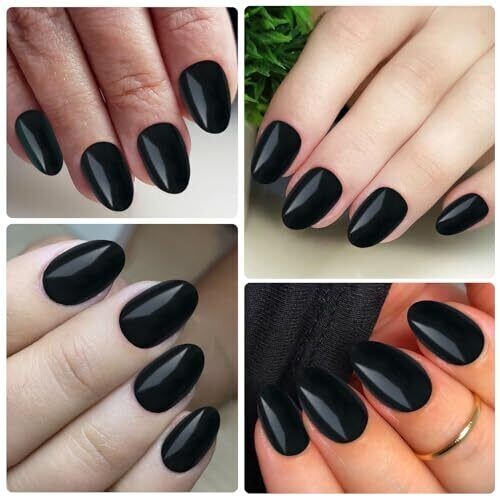 Short Press on Nails Almond Fake Nails Black 240 Round Almond Press on Nail S…