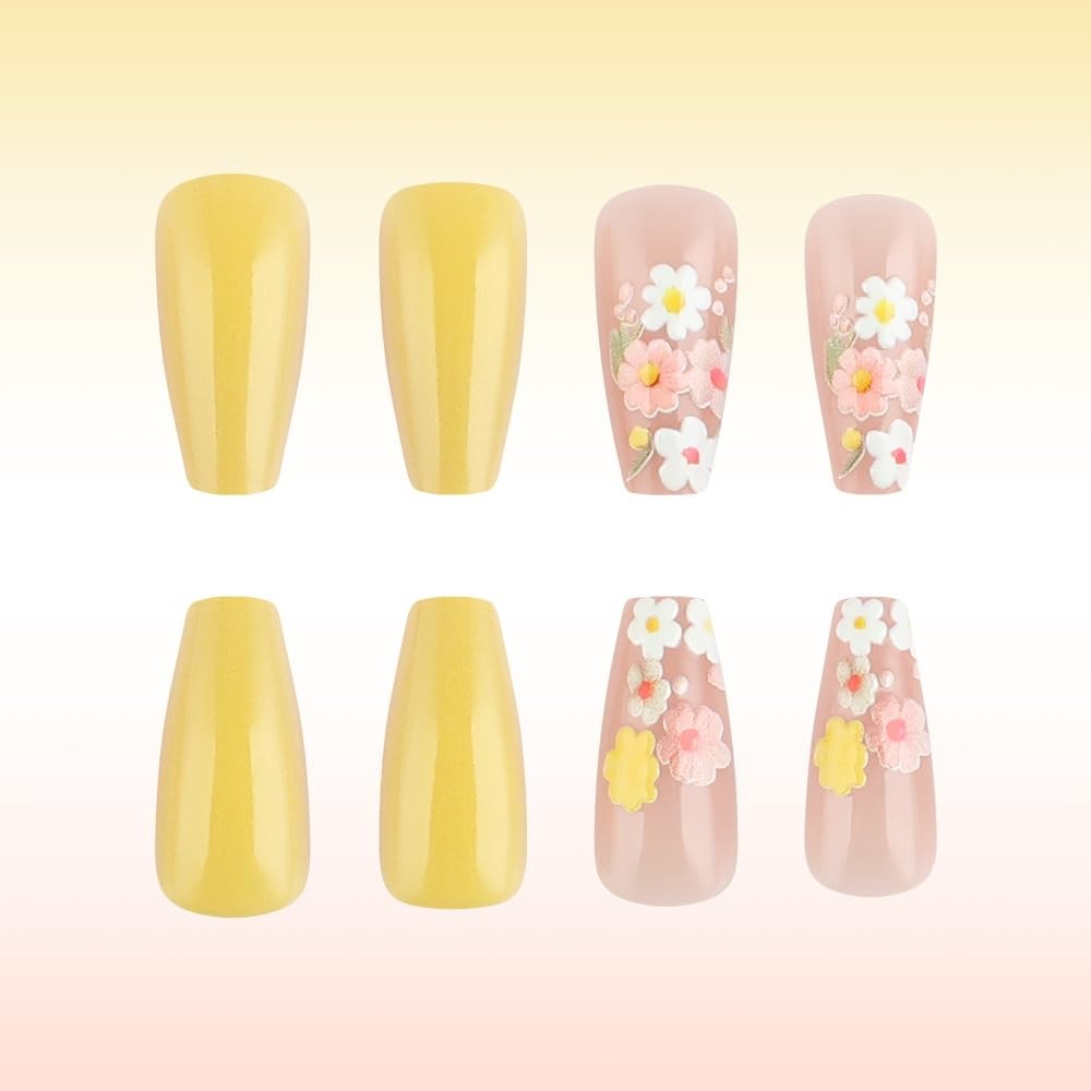 24 Pcs Flowers Press On Nails Medium Coffin Square,Spring Summer Fake Nails P…