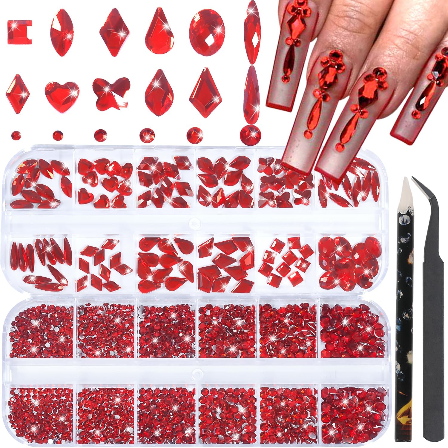 Red 3D Multi Shape Flat Back Nail Rhinestones Crystals for Manicure Nail Art