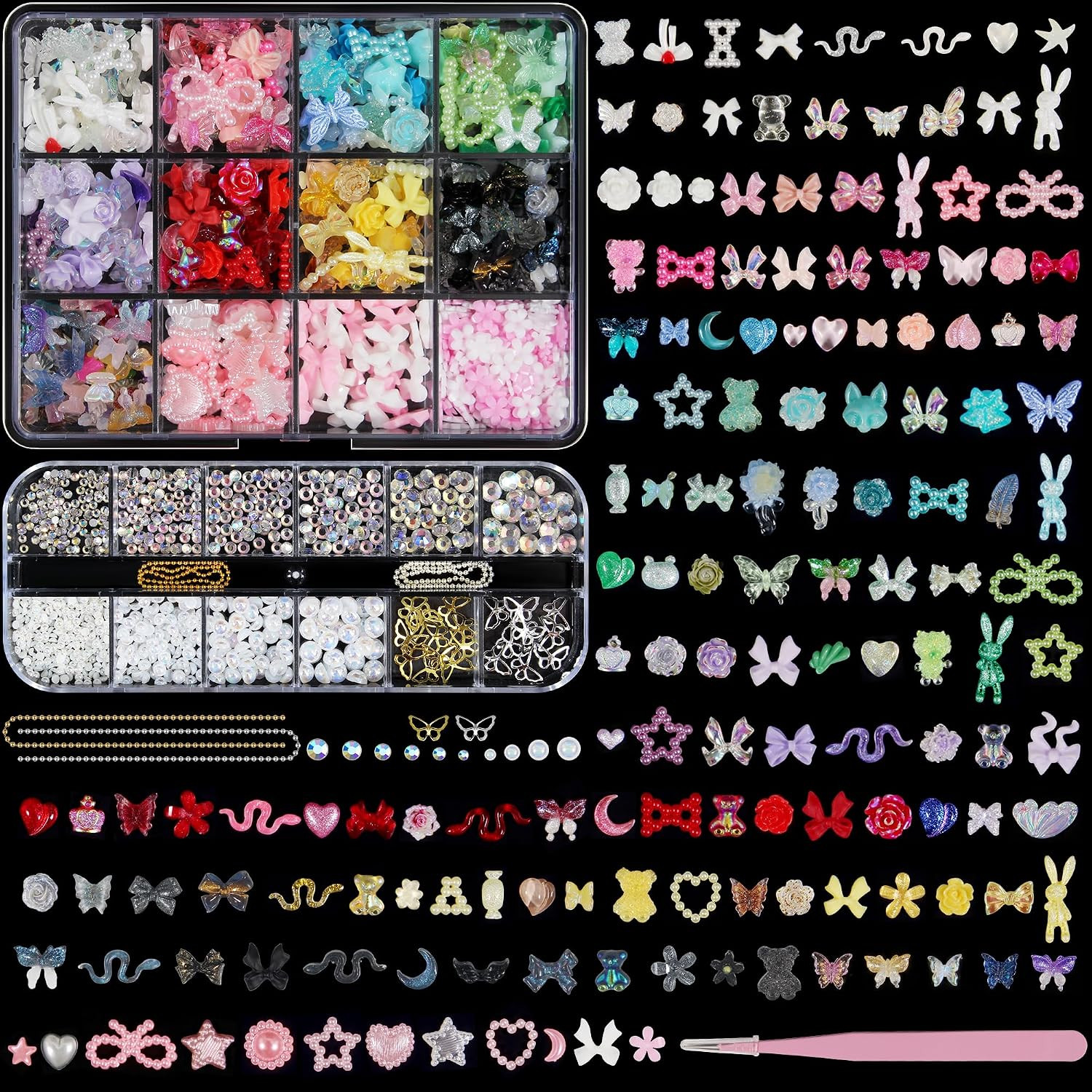 Nail Art Glitter Studs Kit, 6 Boxes Multicolor and Design 3D Charms with 15 Shee
