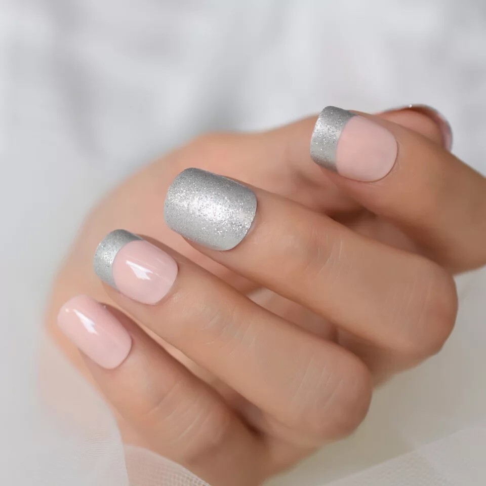 24 Unique Short Pink gray silver glitter Press on nails glue on light pastel