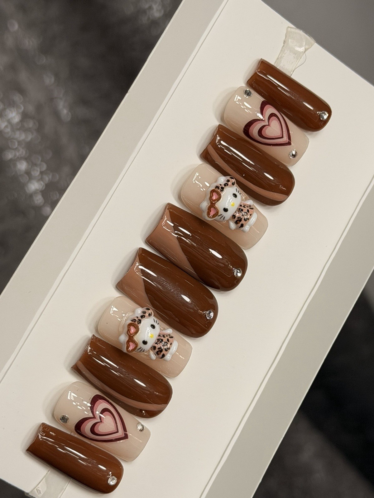 ✨ CUSTOM Press On Nails Brown Nude HELLO KITTY BLING 10p SET W Kit
