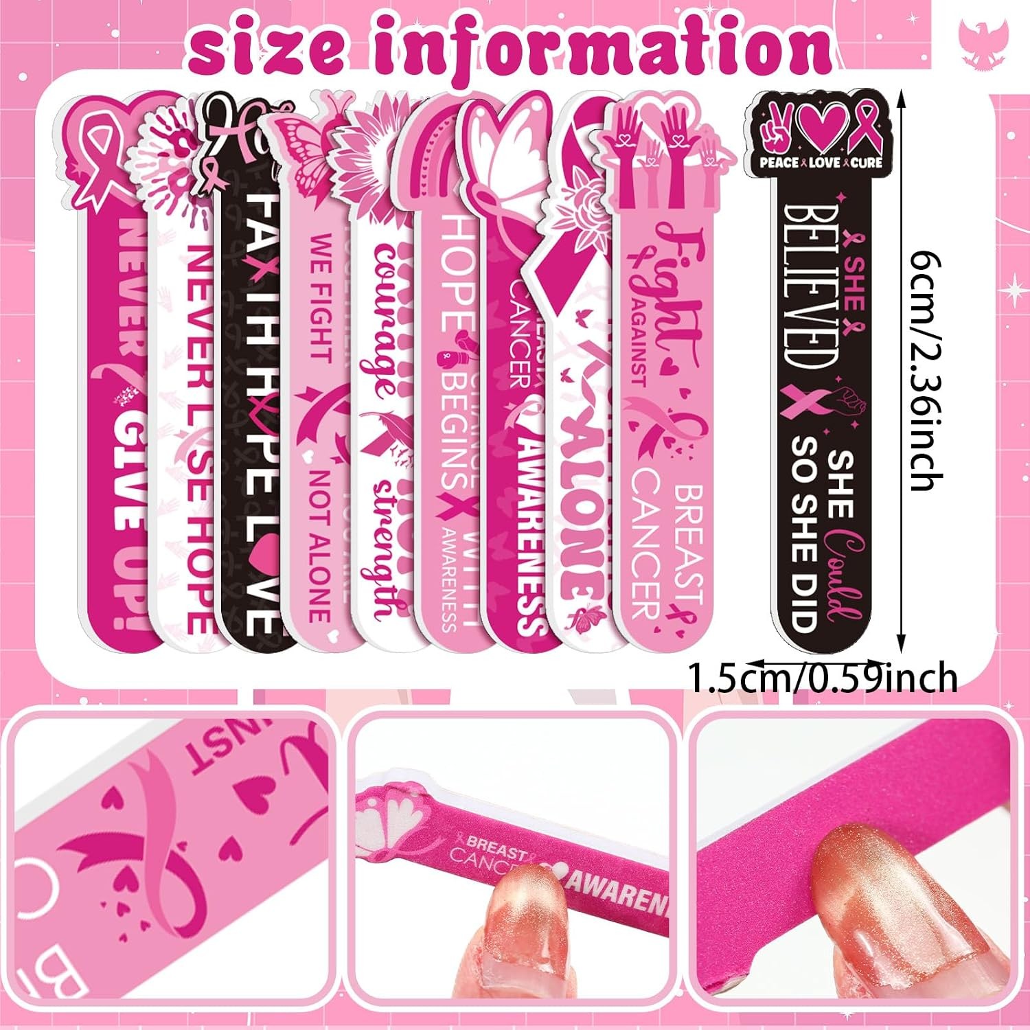 50 Pcs Breast Cancer Awareness Nail Files, Pink Ribbon Manicure Tools | Pink