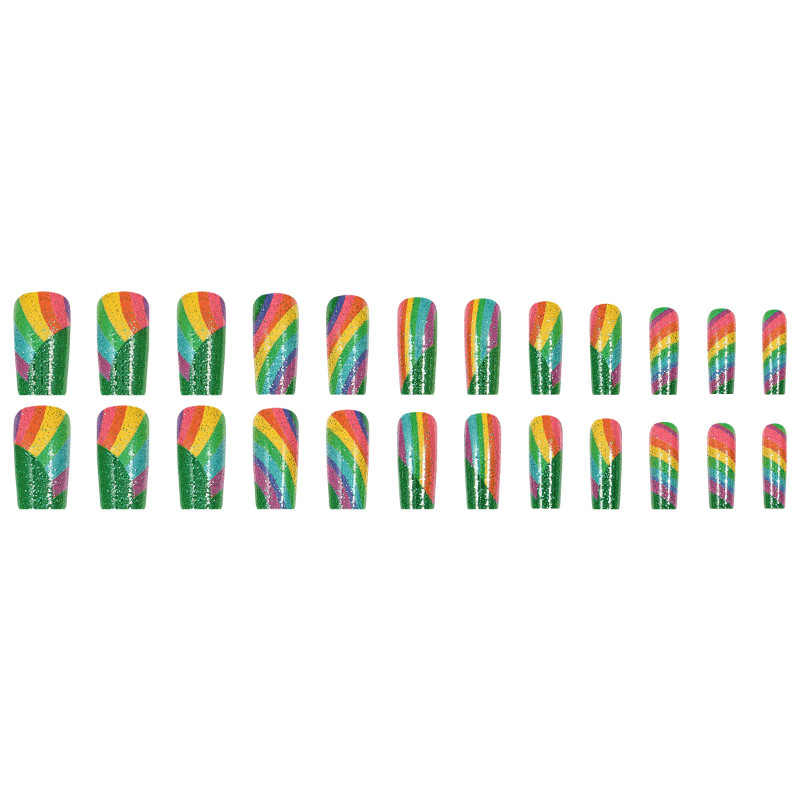 48P Rainbow Glitter Stripe Coffin Press on Nails, Bright Summer Daily Fake Nails