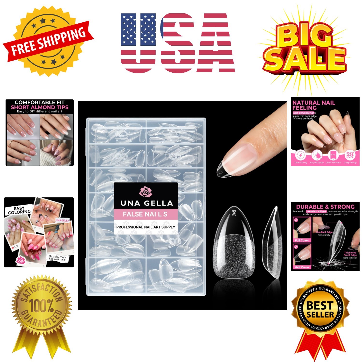 Short Almond Fake Nails 216pcs Pre-Shape Gel Acrylic Nail Tips for Full Cover…