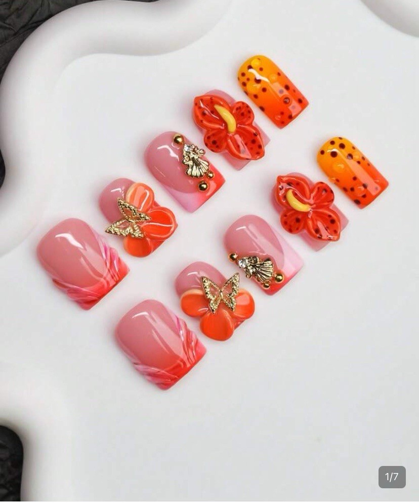3D Butterfly Press-On Nails Short Square Full Cover Shiny Pink Orange Set
