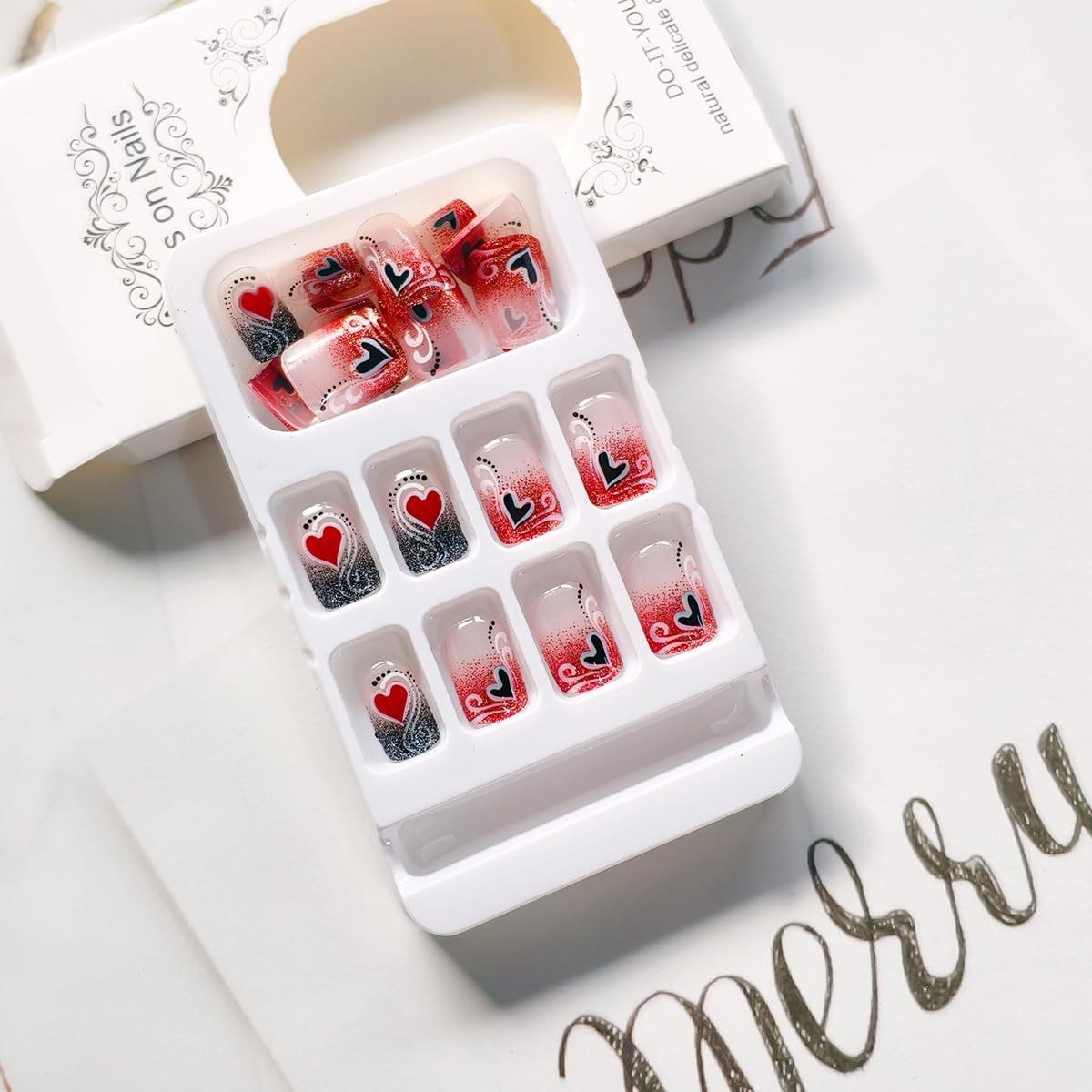 24Pcs Valentine’s Day Press on Nails Short Square French Tip Fake Nails Heart…