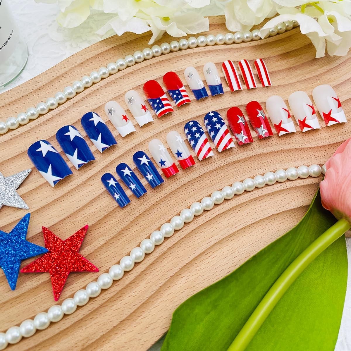 30Pcs 4Th of July Press on Nails Medium Square French Tip Fake Nails Red White B