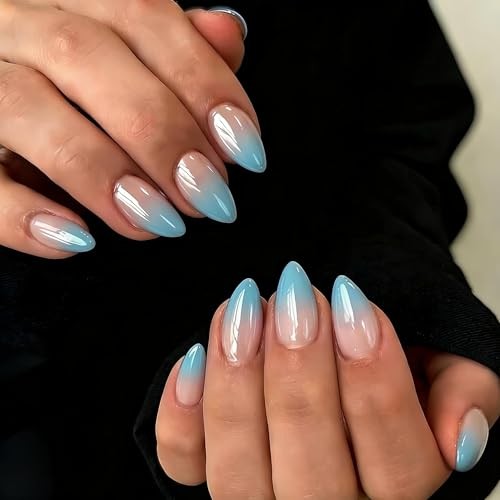 Chrome Ombre Teal Blue Press On Nails Short Almond, 30 Pcs almond ombre blue