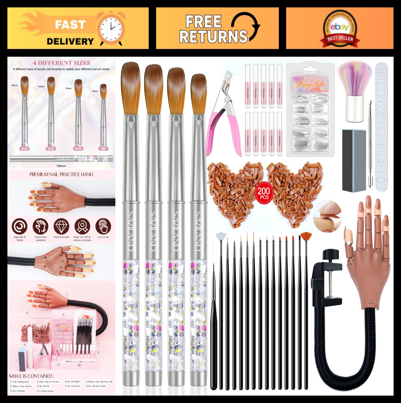 Acrylic Nail Brush Set 4PCS Size 6/10/12/14 + Practice Hand for Nail Art