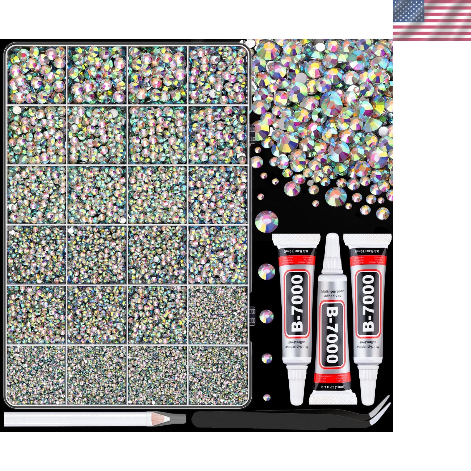 25000 Iridescent Resin Rhinestones Set with Tweezers & B7000 Glue Adornments