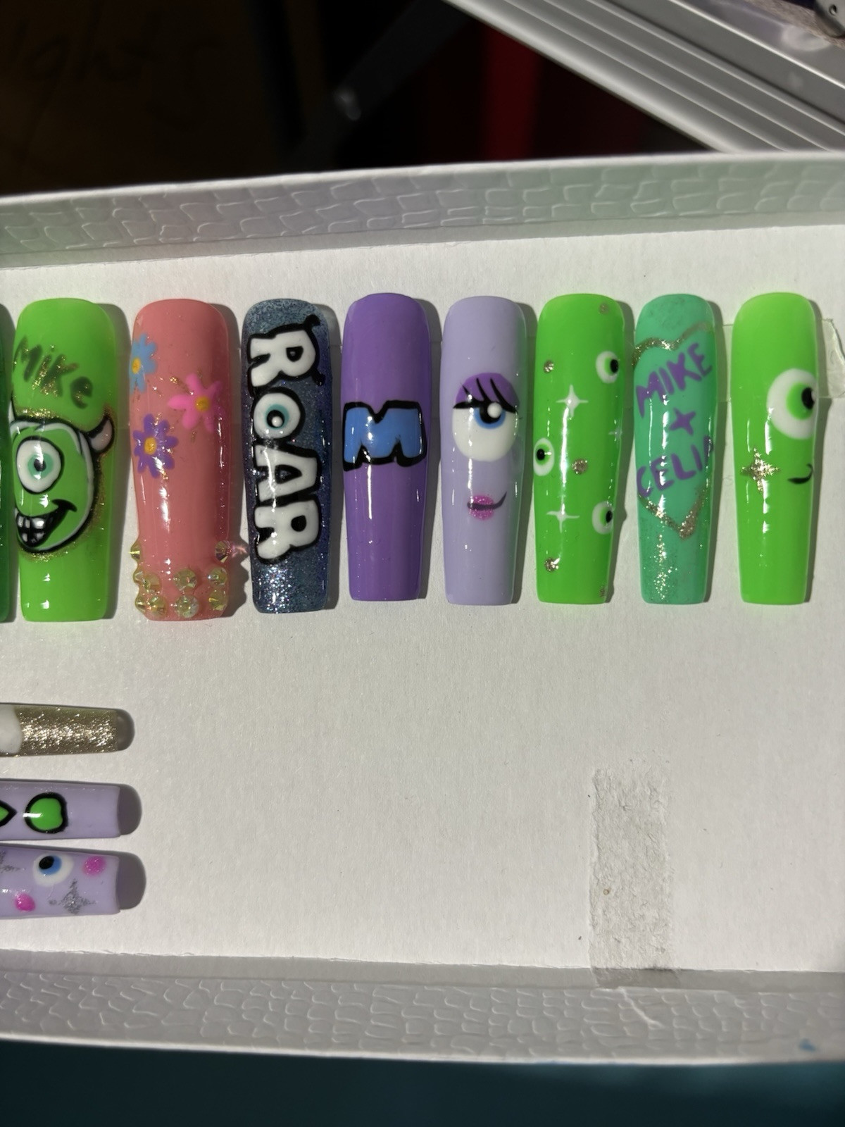 Monsters Inc Nails Press On Nails With Pink, Blue , Green & Purple Handmade