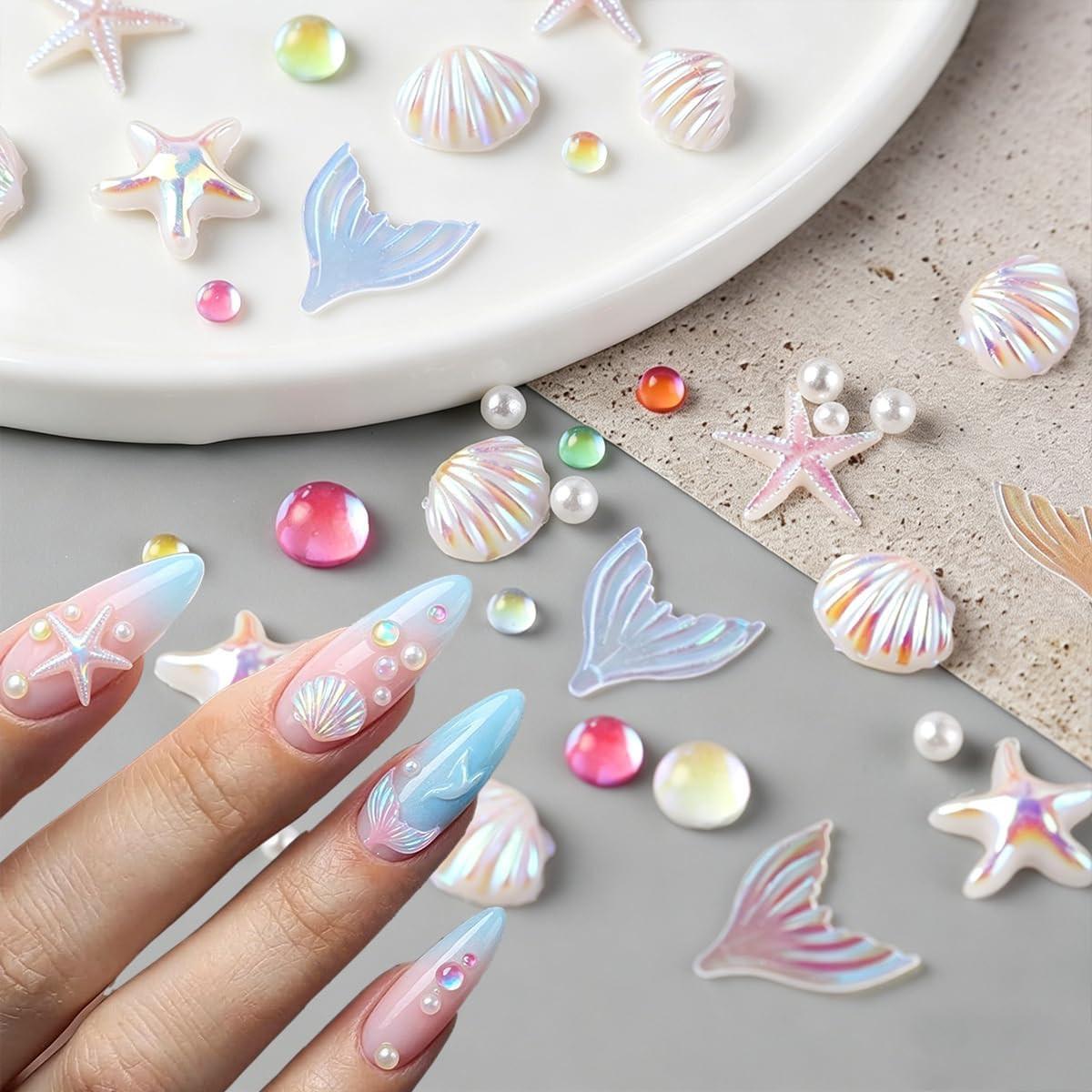 200Pcs 3D Aurora Beach Nail Charms Set Summer Ocean Nail Art Charms with Mermaid