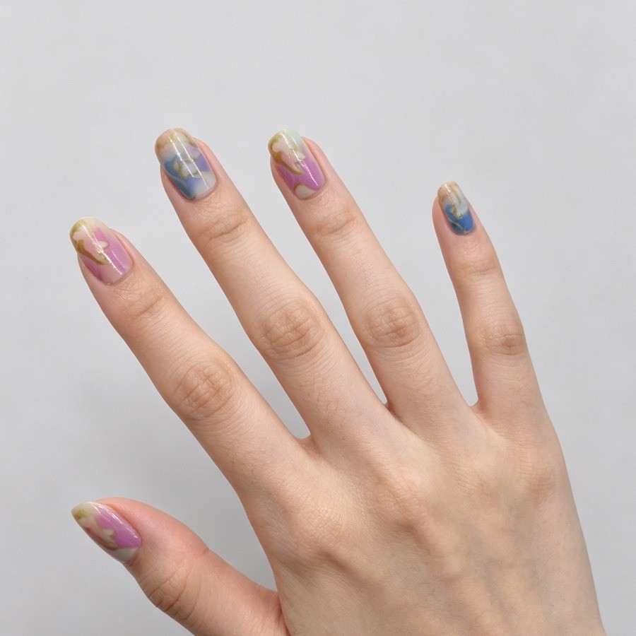 48Pcs-Medium Round Nude Pink Blue Purple Marble Foil Watercolor Press on Nails