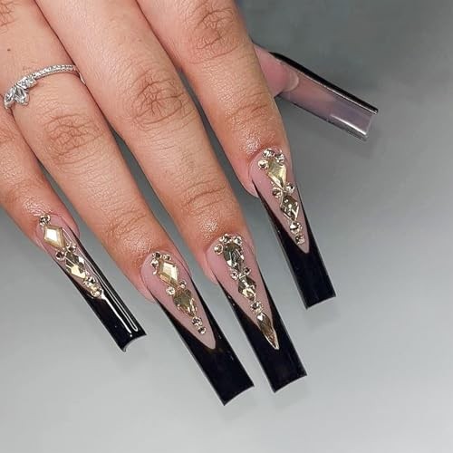 Square Press on Nails Long Fake Nails Extra Long Black Artificial Nail B0326-19