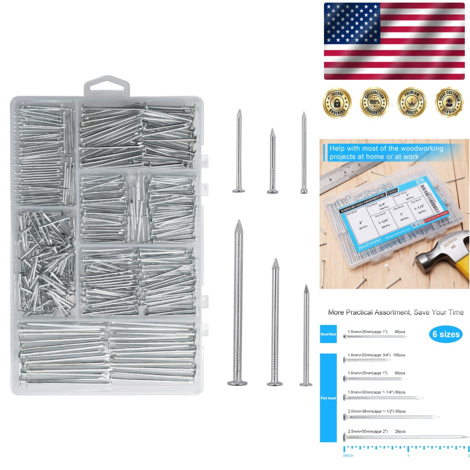 376pcs Hardware Nails Set – 2-Inch Galvanized for Woodworking Projects