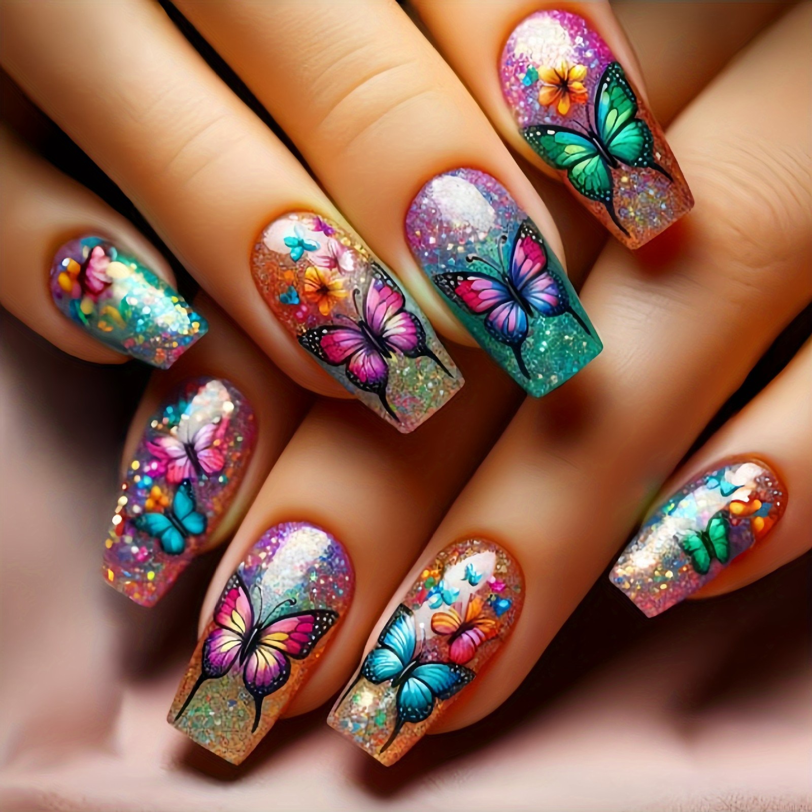 96PCS(4Pack) Rose Floral Press-On Nails Elegant Romantic Wearable Nails Art