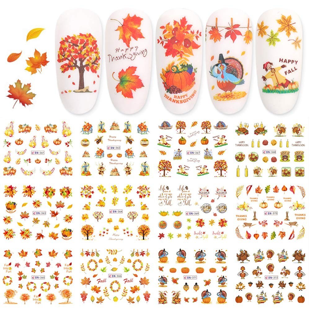 Fall Nail Stickers Autumn Maple Leaf Nail Art Decals Thanksgiving Day Water D…