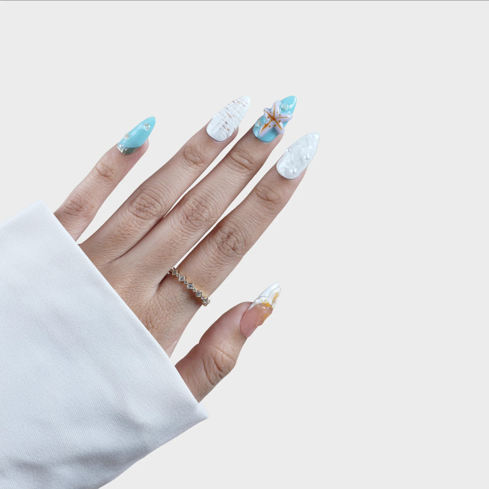 SIYOU Cabana Medium Almond Blue Pink Starfish Press-On Nails 10pc