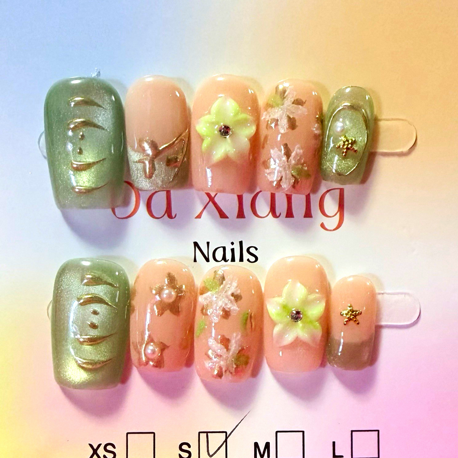 Da Xiang Green/Pink 3D Floral Square Press-On Nails, Short, Pre-Designed