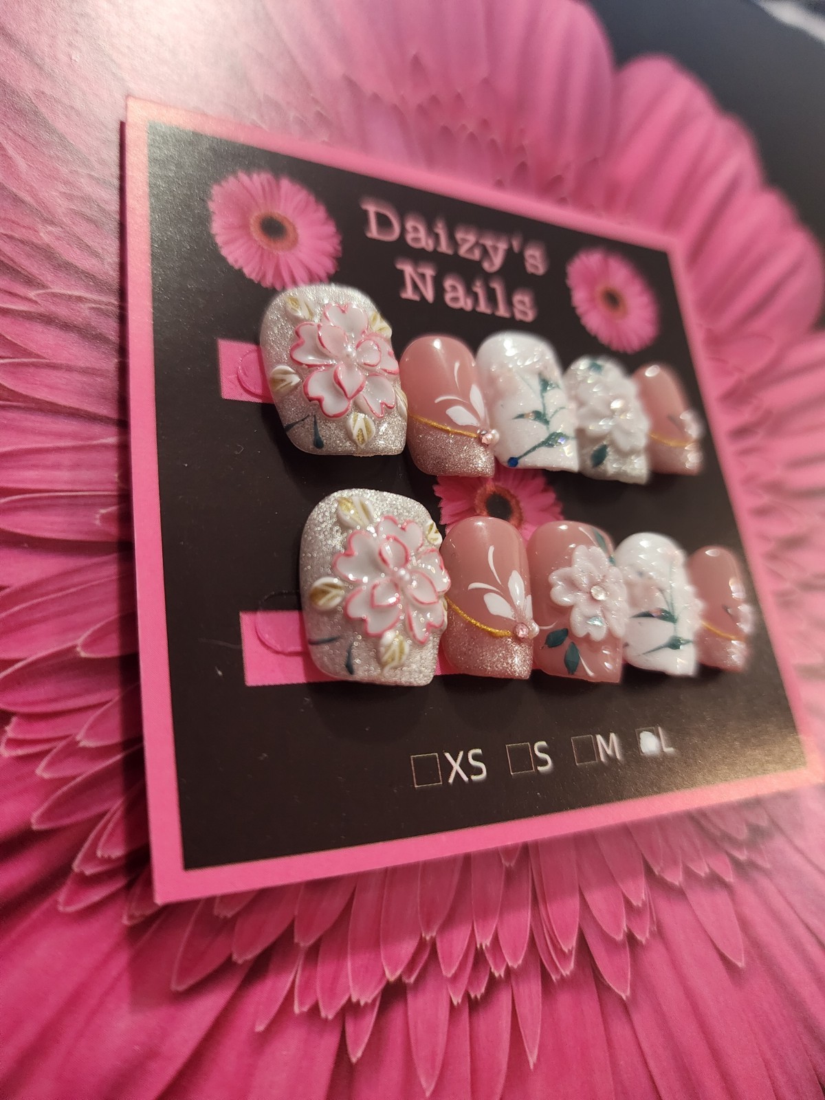 Large Size Garden 3D Floral Press-on Nail Set Handmade Almond 1.5 Cm Length