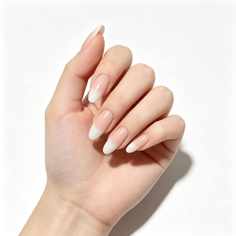 48 Pcs White Nude Gradient Almond Press on Nails, Glossy Soft Daily Fake Nails