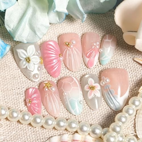 24Pcs Beach Press on Nails – Extra Short Almond Fake Nails – 3D Flowers Starfish