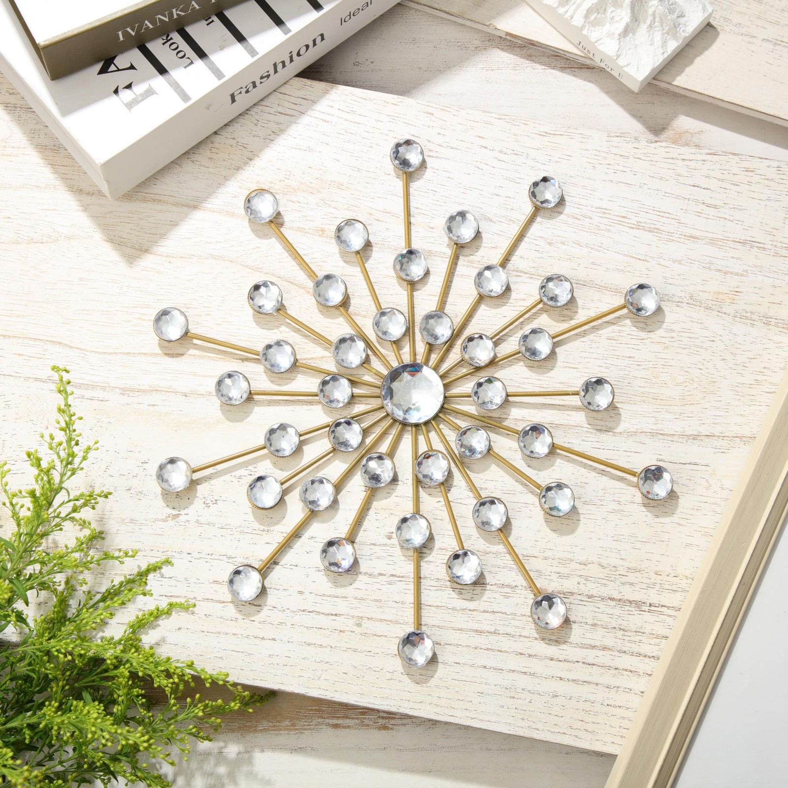 Barydat 6 Pcs Metal Starburst Wall Decor Bling Crystal Wall Art Rhinestone Su…