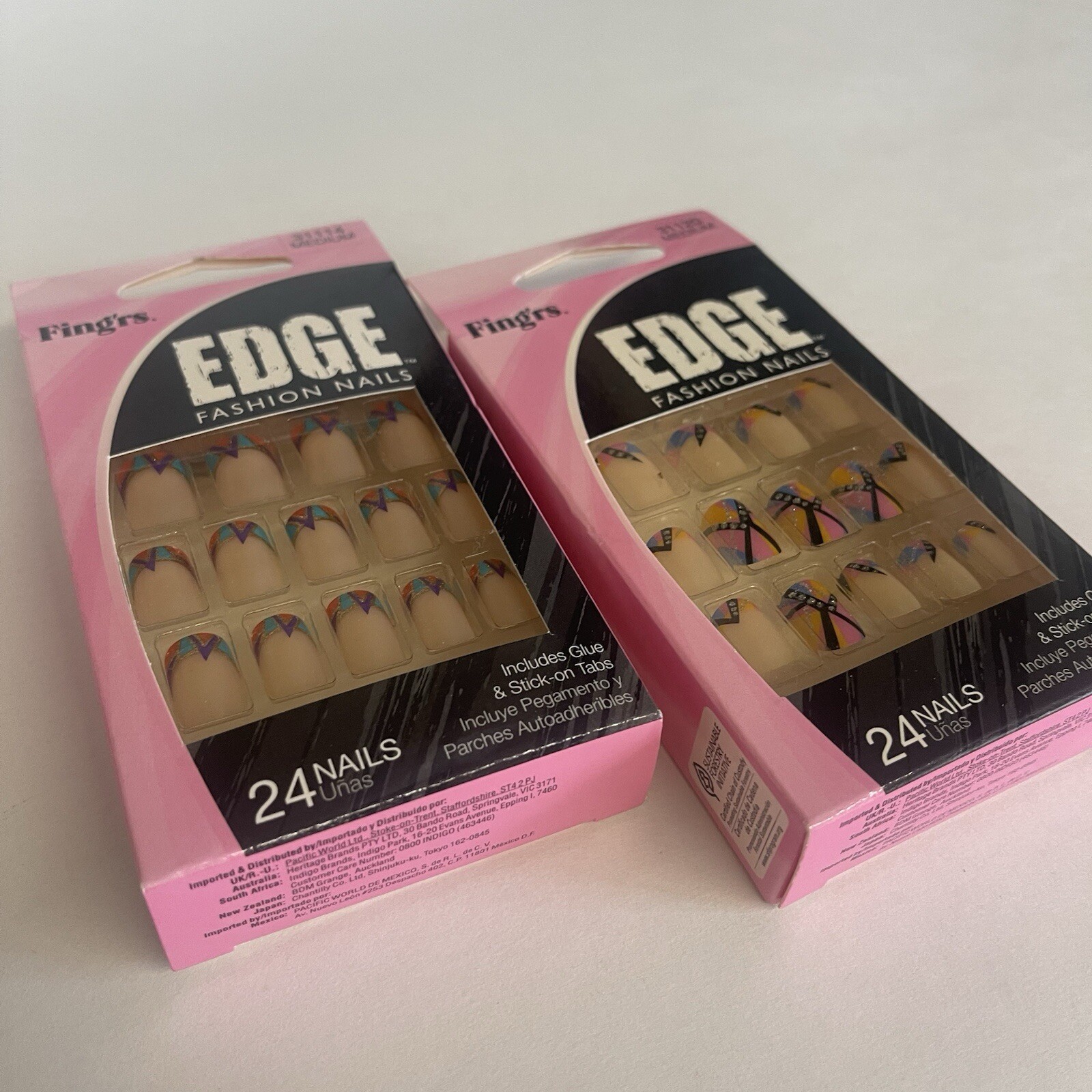 Set Of 2 Fing’rs Edge Fashion Nails Abstract Colored Tips Medium Nail Pinks