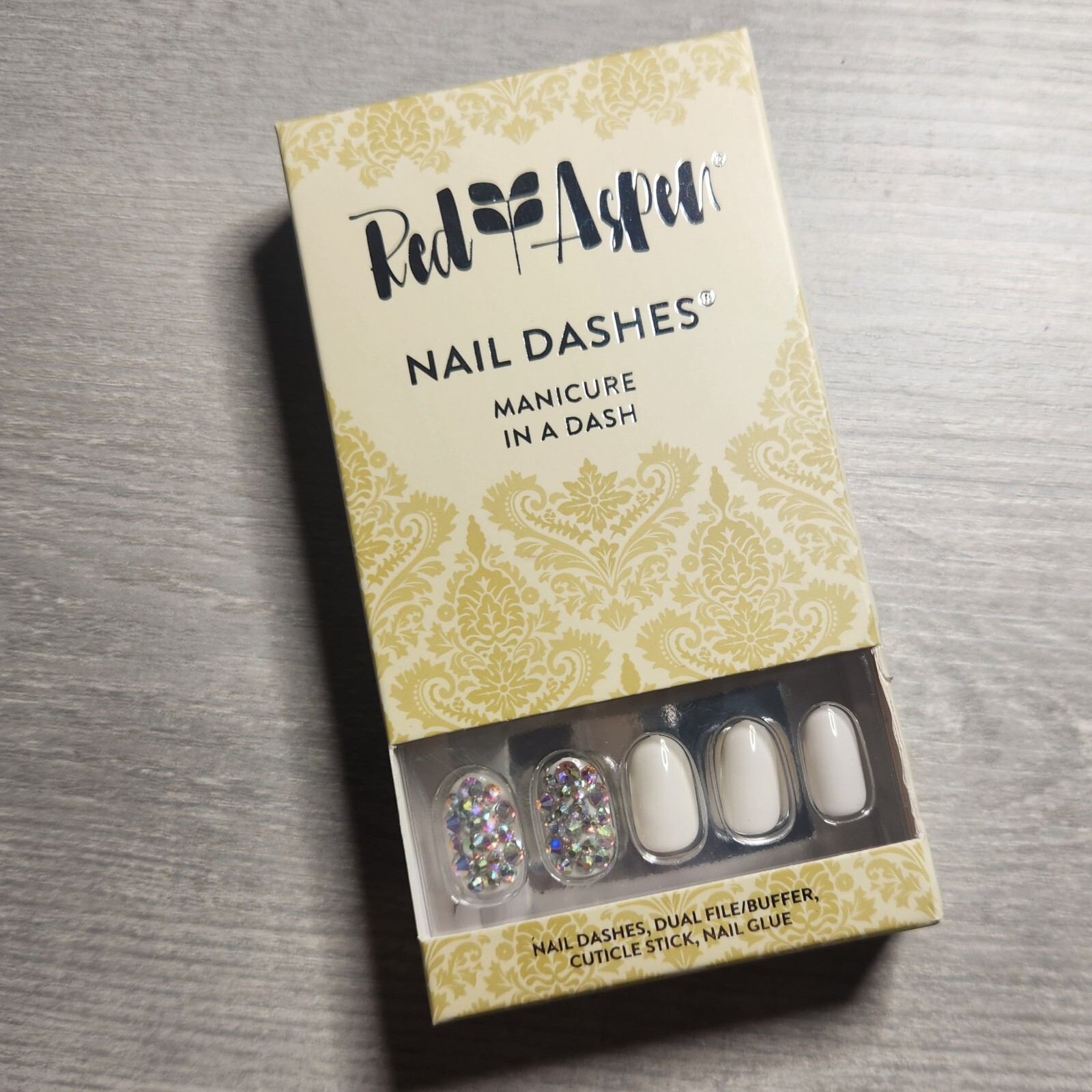 Press On Nails Satin and Silk White with Rhinestones Spring Dashes Red Aspen
