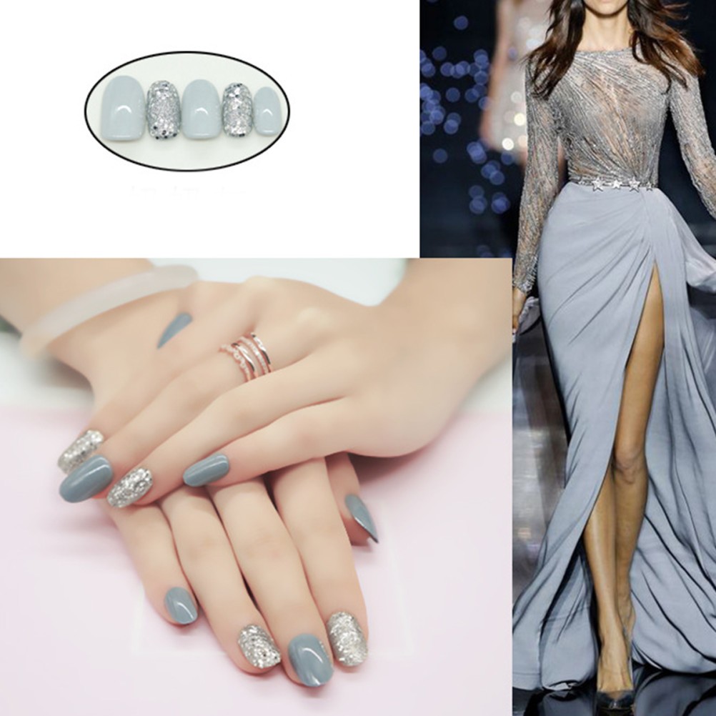 24Pcs Reusable False Nail Set Plastic Material Shiny Assorted Colors for Women