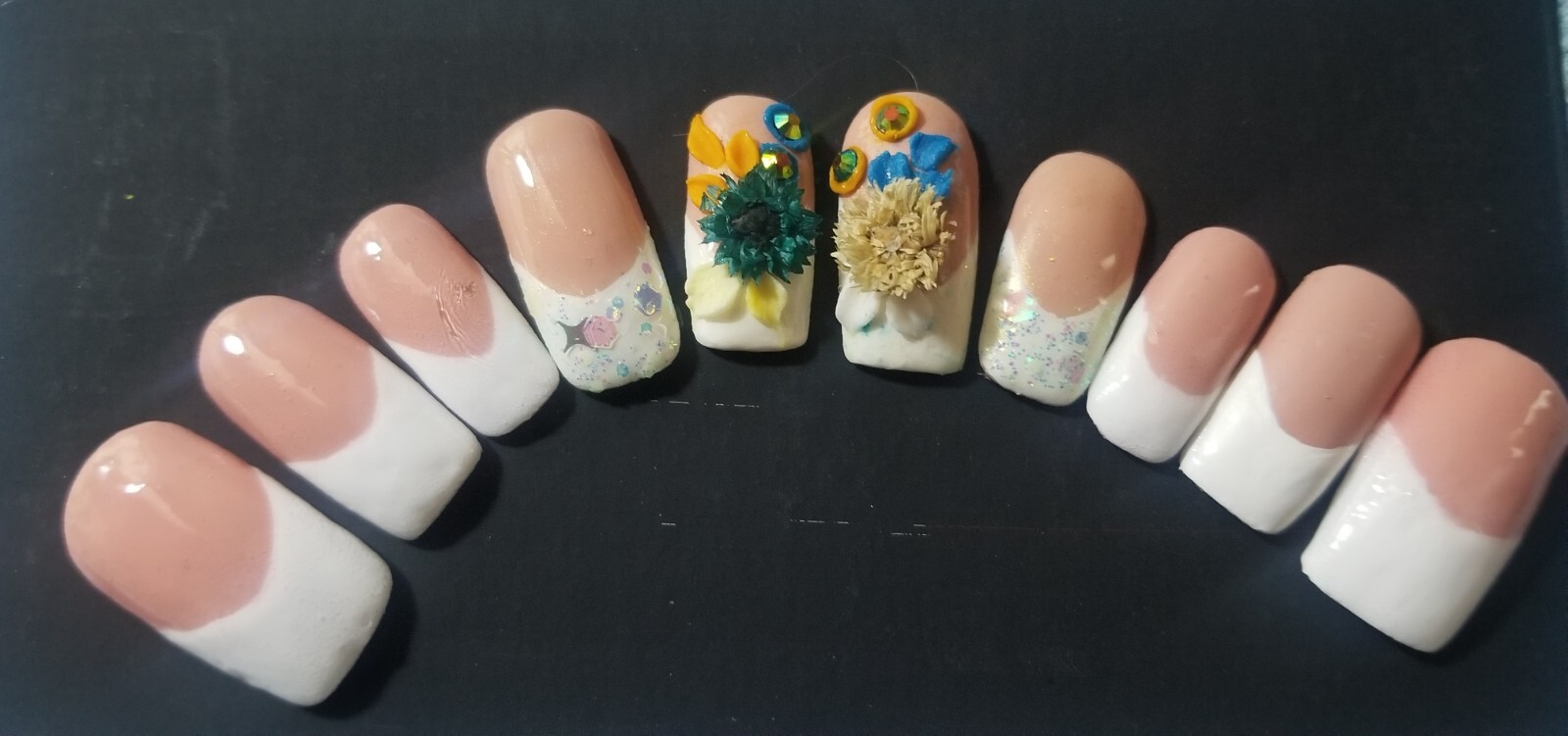 Kawaii PRESS ON NAILS|HANDMADE WONDERLAND FRENCH REAL DRIED FLOWERS SWAROVSKI 3D