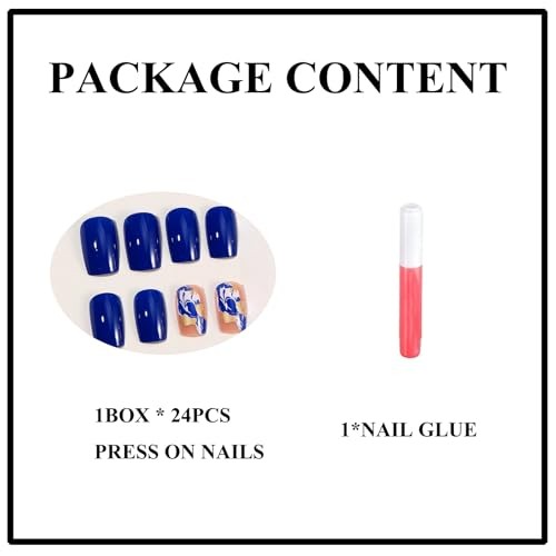 Square Press on Nails Medium – Royal Blue Glue Ons – Ink Design – Gold