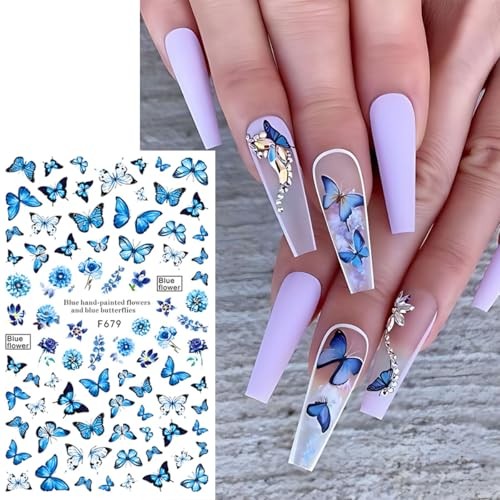 Butterfly Nail Art Stickers, Blue Purple Pink, 6 Sheets with Nail Tweezers,