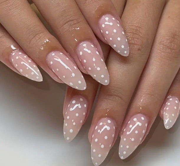 24 Pcs Press-On Nail Long Almond Glossy Light Pink with Polka Dots