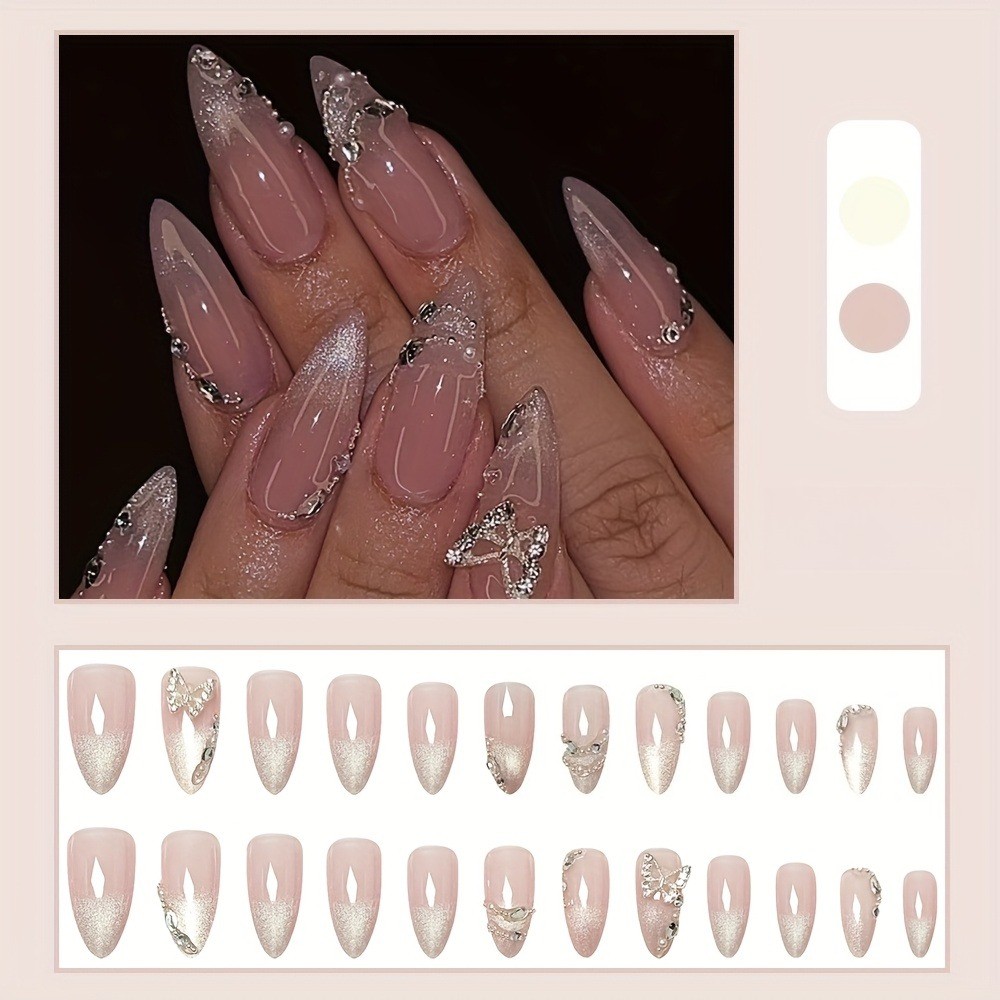 48Pcs-Stiletto Press on Nails Silver Butterfly Rhinestone Glitter Fake Nails Set