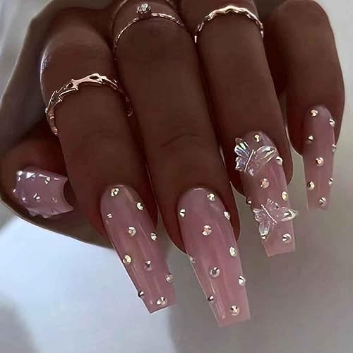 Coffin Press on Nails Long, Pink Fake Nails Acrylic Crystal False Nails 9
