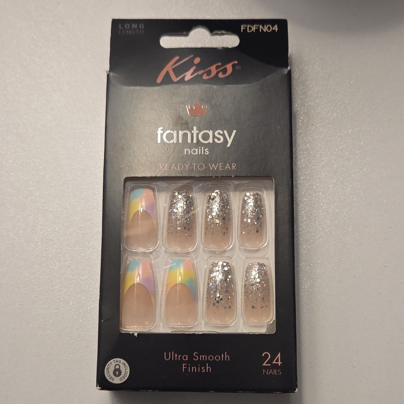 Kiss Press-On Nails, Multicolor Glitter, Long Square, Rainbow Sparkle, FDFN04