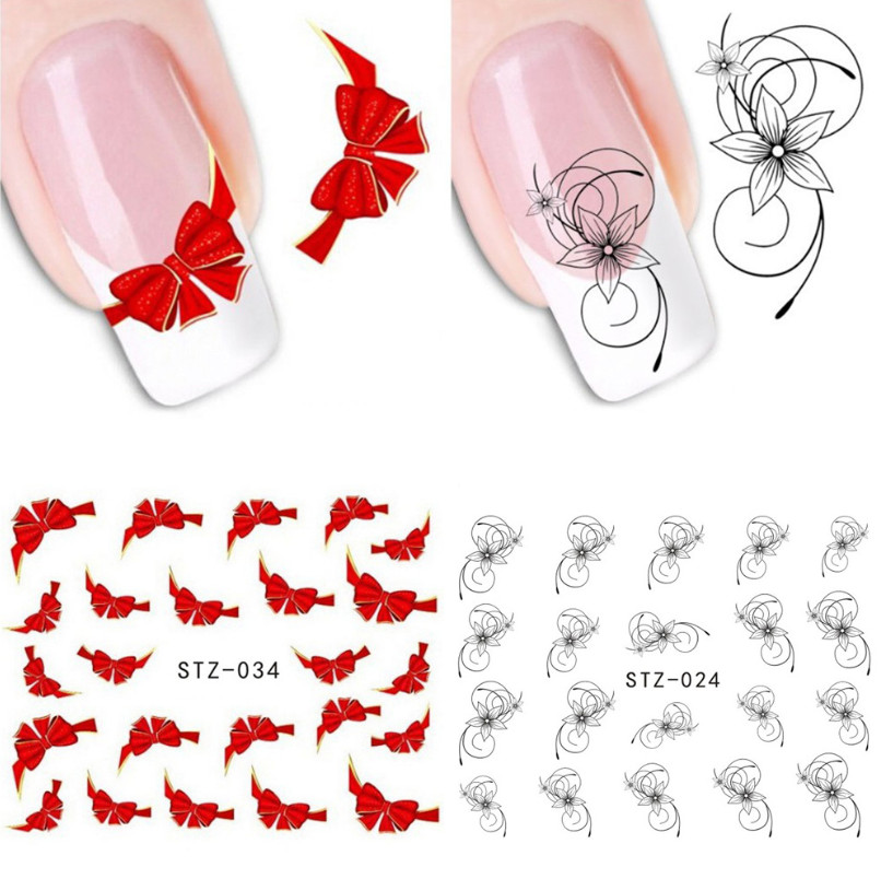 Nail Art Water Transfer Stickers Flower Red Ribbon Bowknot Decals Tips NS39