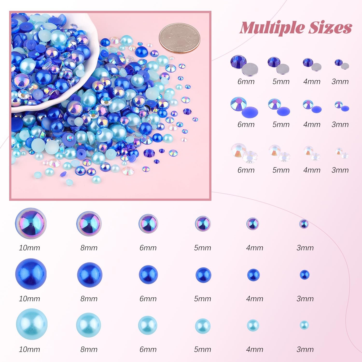 80g Flatback Pearls and Rhinestones for Crafting, Dark Blue Mixed Size 3-10mm