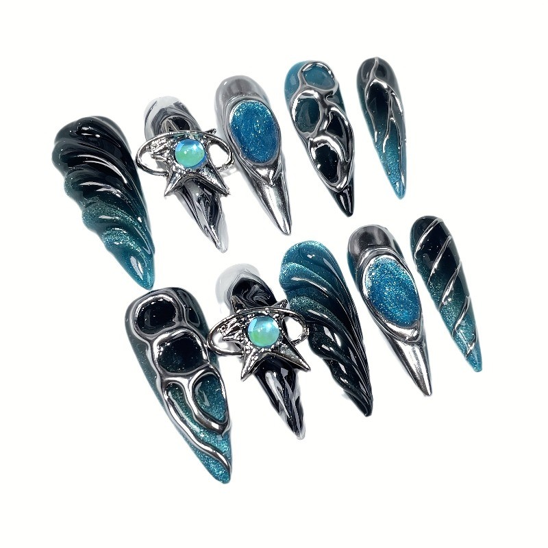 10Pcs Handmade Blue Long Stiletto Metal Y2K Nails,Christmas Style