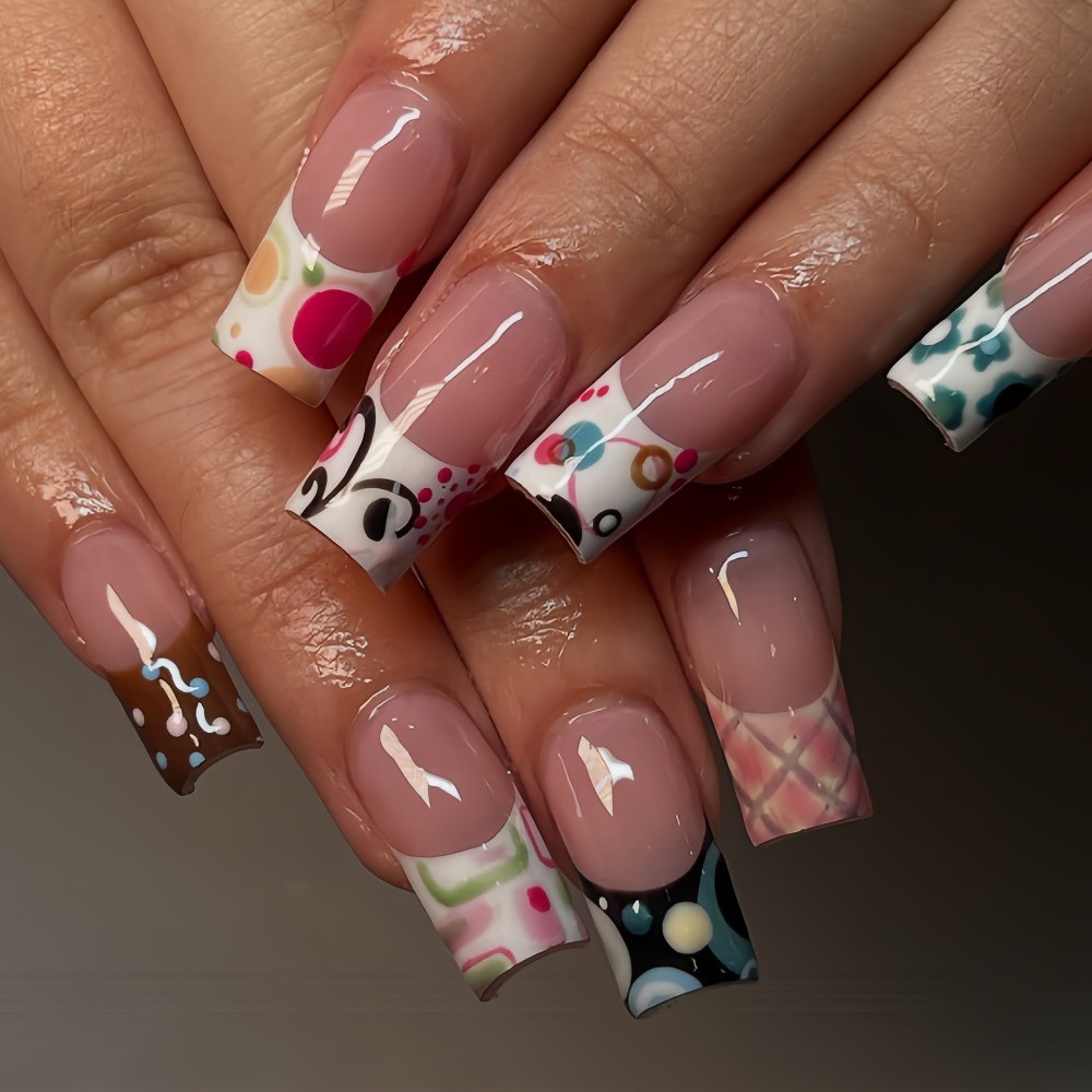 48pcs-Y2K French Tip Press on Nail, Extra Long Square Abstract Doodle Fake Nails