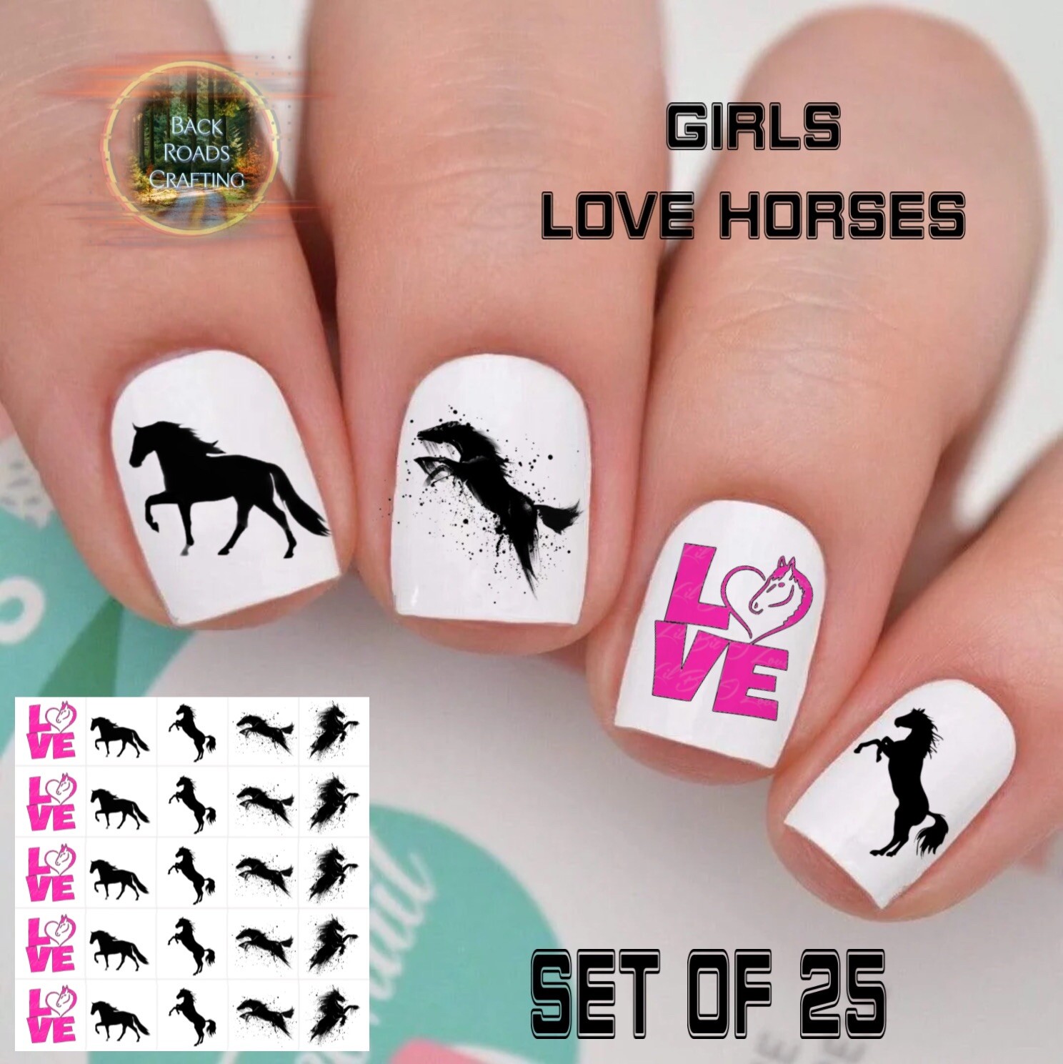 Girls Love Horses Waterslide Nail Art Decals Set of 50 Instructions Bonus &