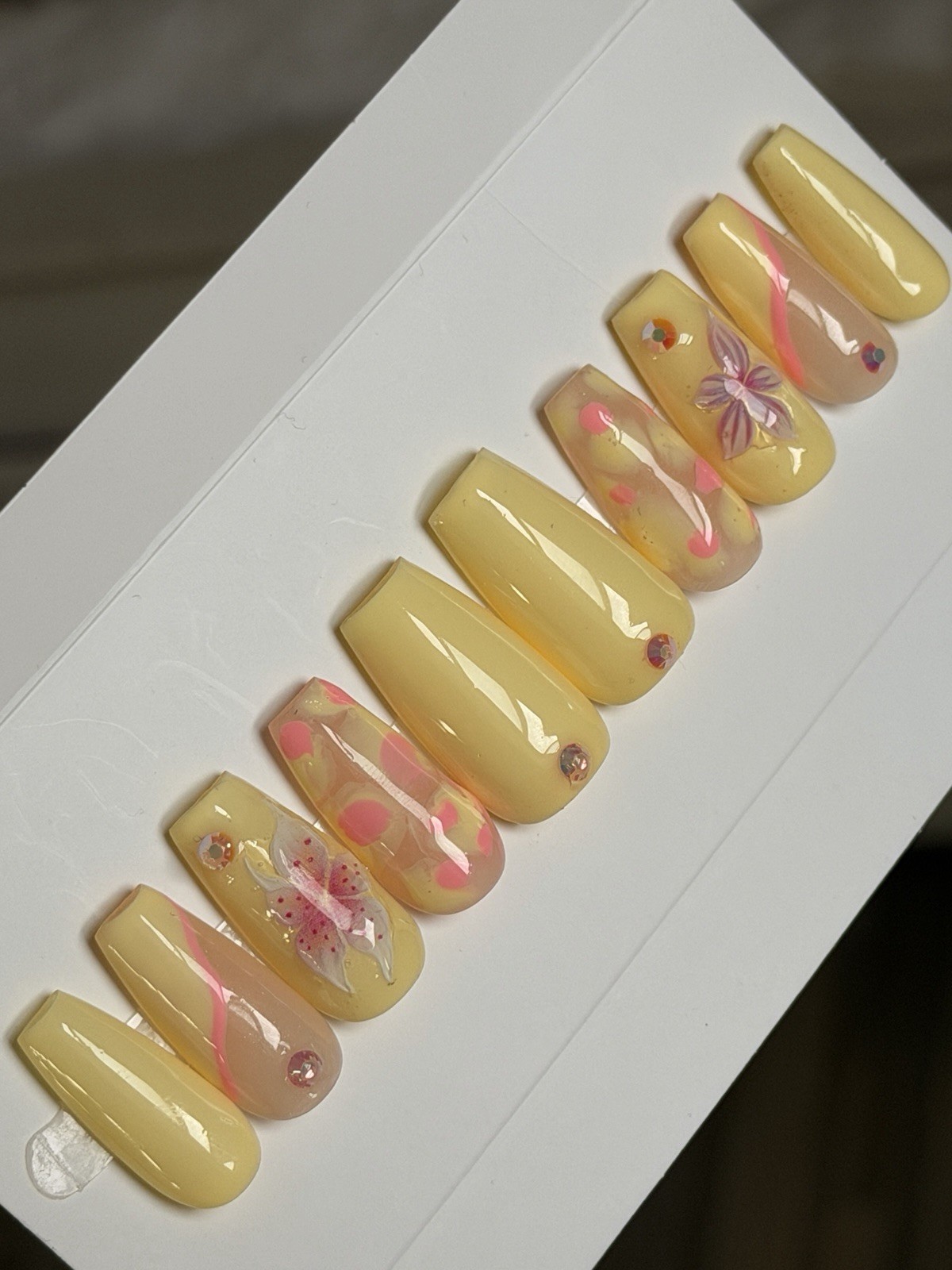 ✨ CUSTOM Press On Nails YELLOW PINK FLOWER BLING Flower 10p SET W Kit