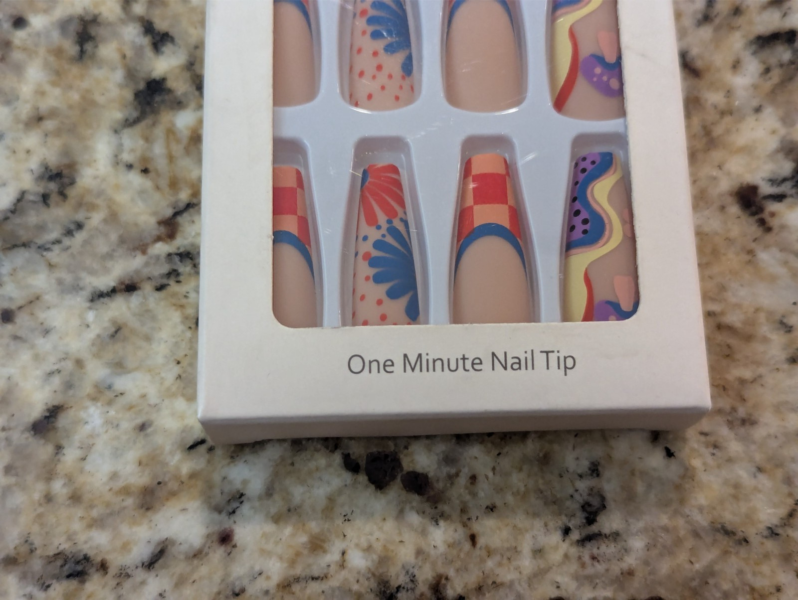 Press On Nails One Minute Nail Tip #167 Long Red Yellow Blue Purple Design 24ct