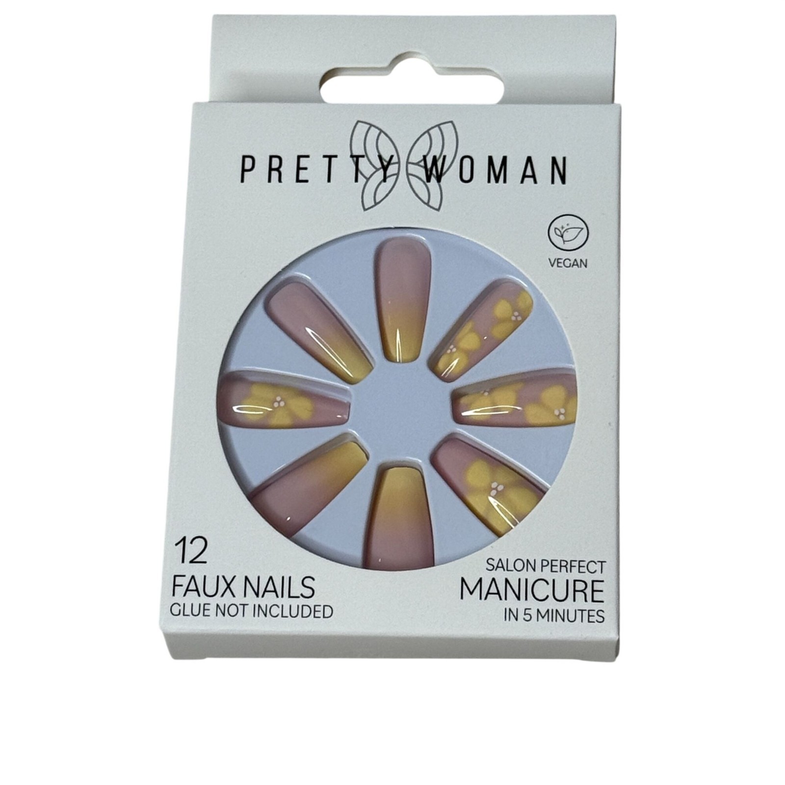 Pretty Woman Press On Nails Pink Yellow Floral Faux Nail Manicure Vegan